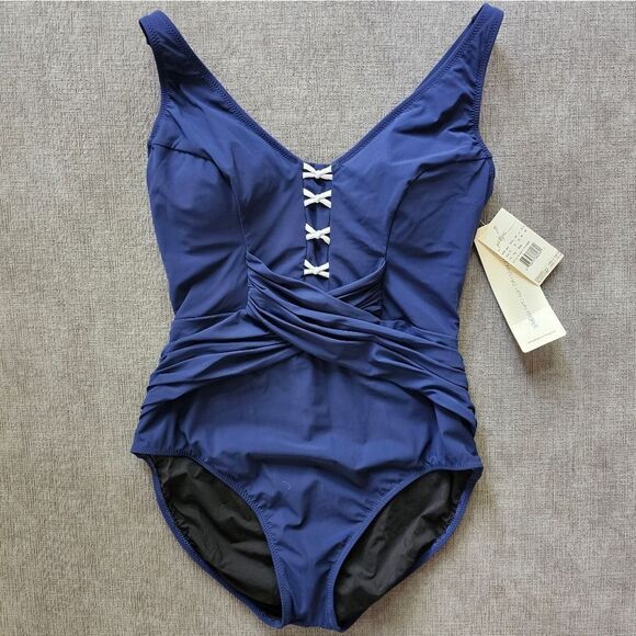 Gottex Tutti Frutti Navy Blue center criss cross detailing One piece swimsuit 12 - Picture 1 of 12